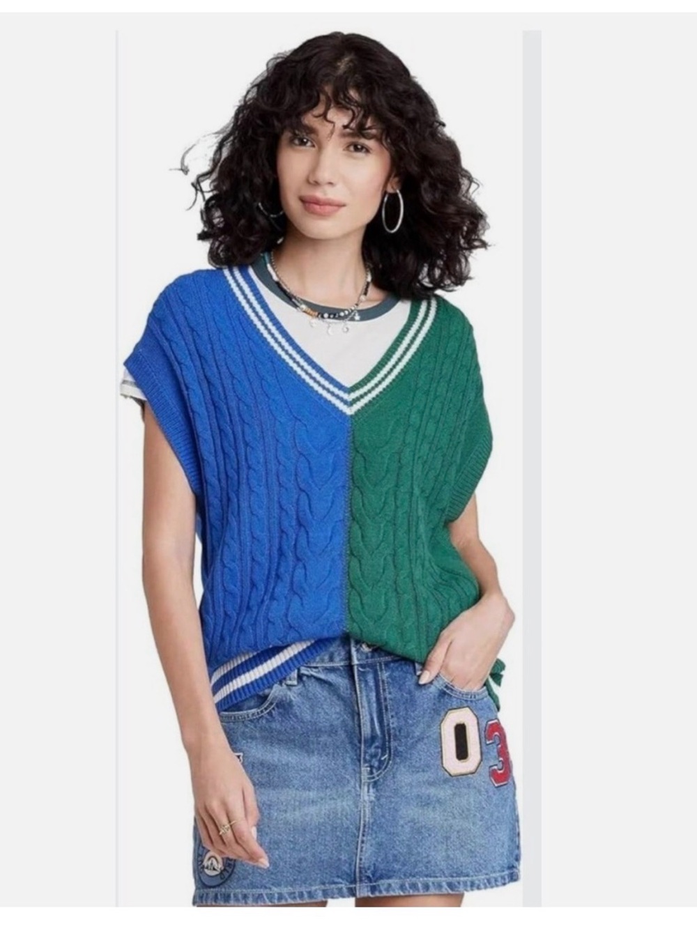 wild fable Blue and Green Cable-Knit V-Neck Sweater Vest with White Trim